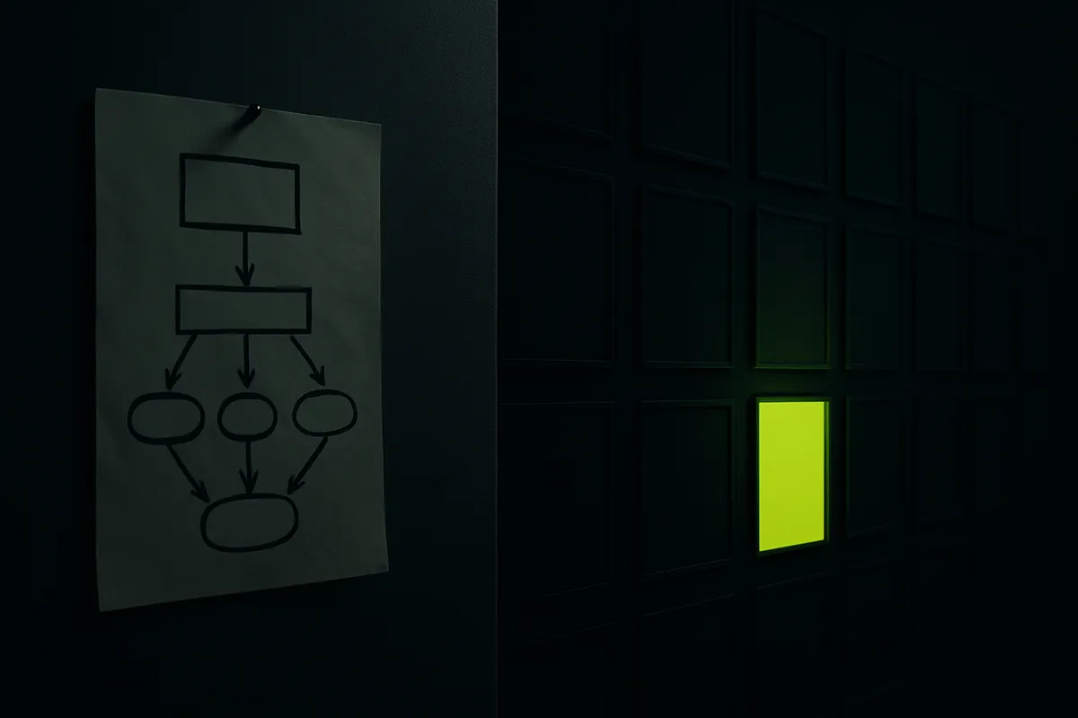 A dark split studio showing one hand-made poster facing a vast grid of machine-made ad frames, with a single green frame lit at the dividing line.