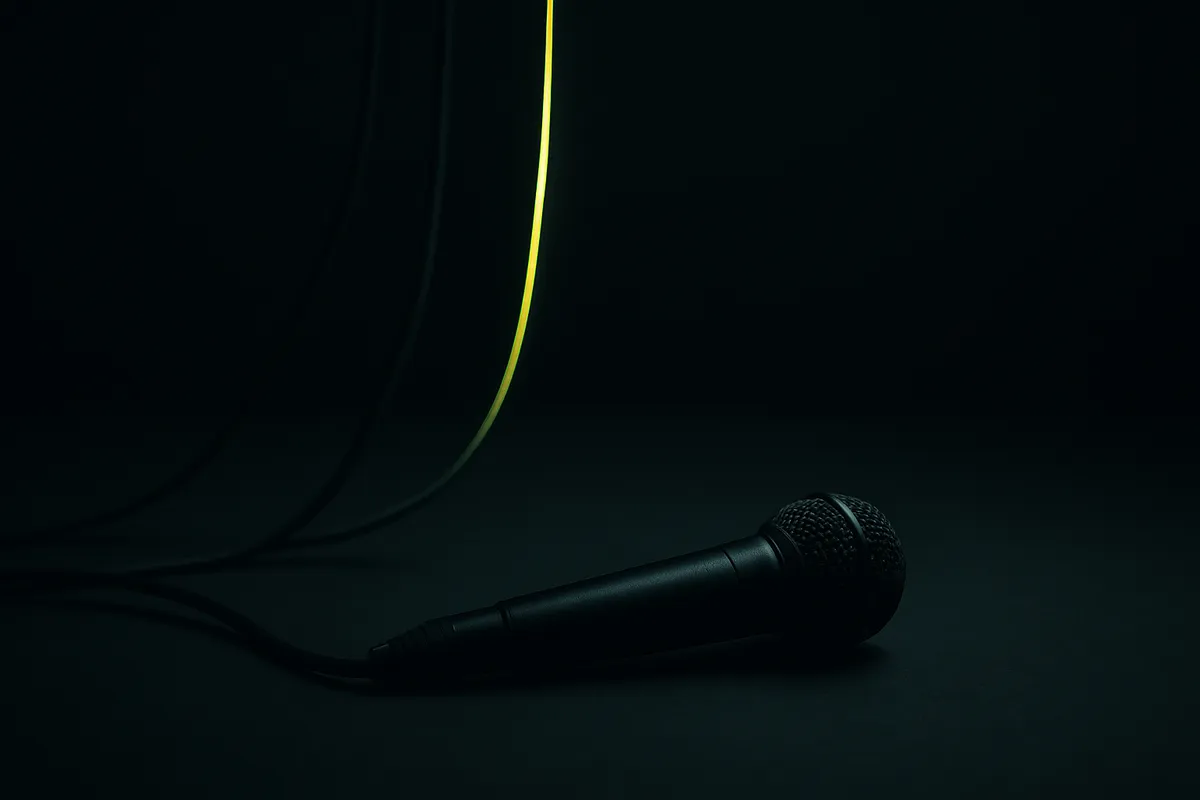 A dark studio microphone whose cable splits into three rising strands, with only the central strand glowing chartreuse-green against a near-black background.