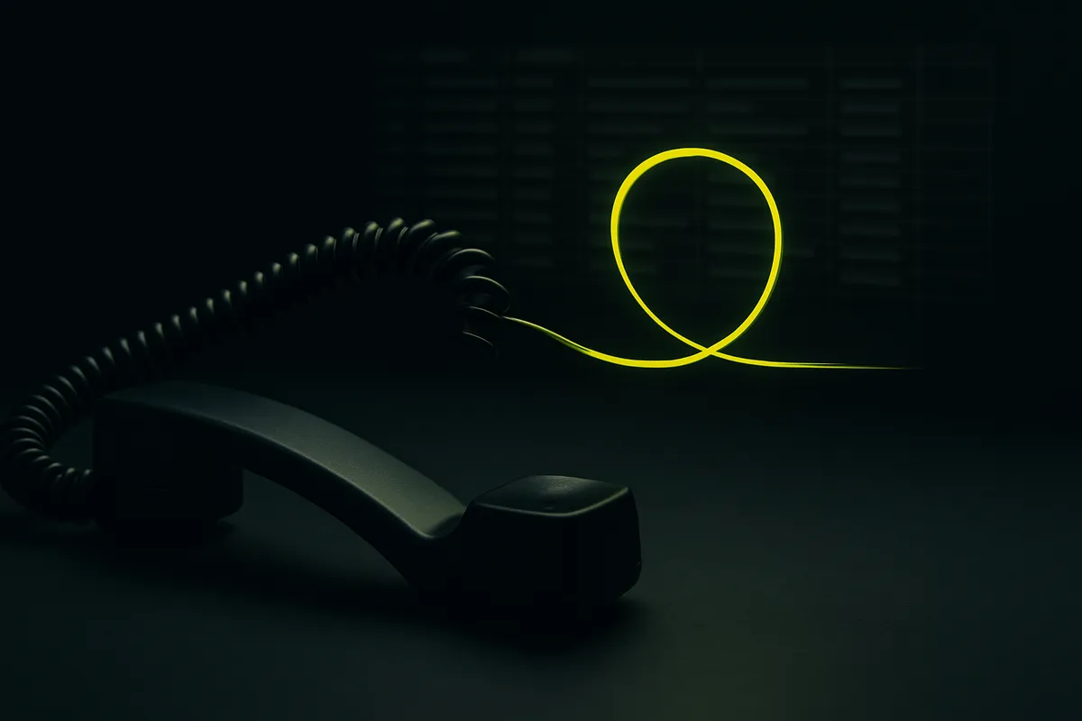 A phone handset on a near-black surface with its cord turning into a green data line that loops back into a database grid, showing a closed call-to-CRM loop.