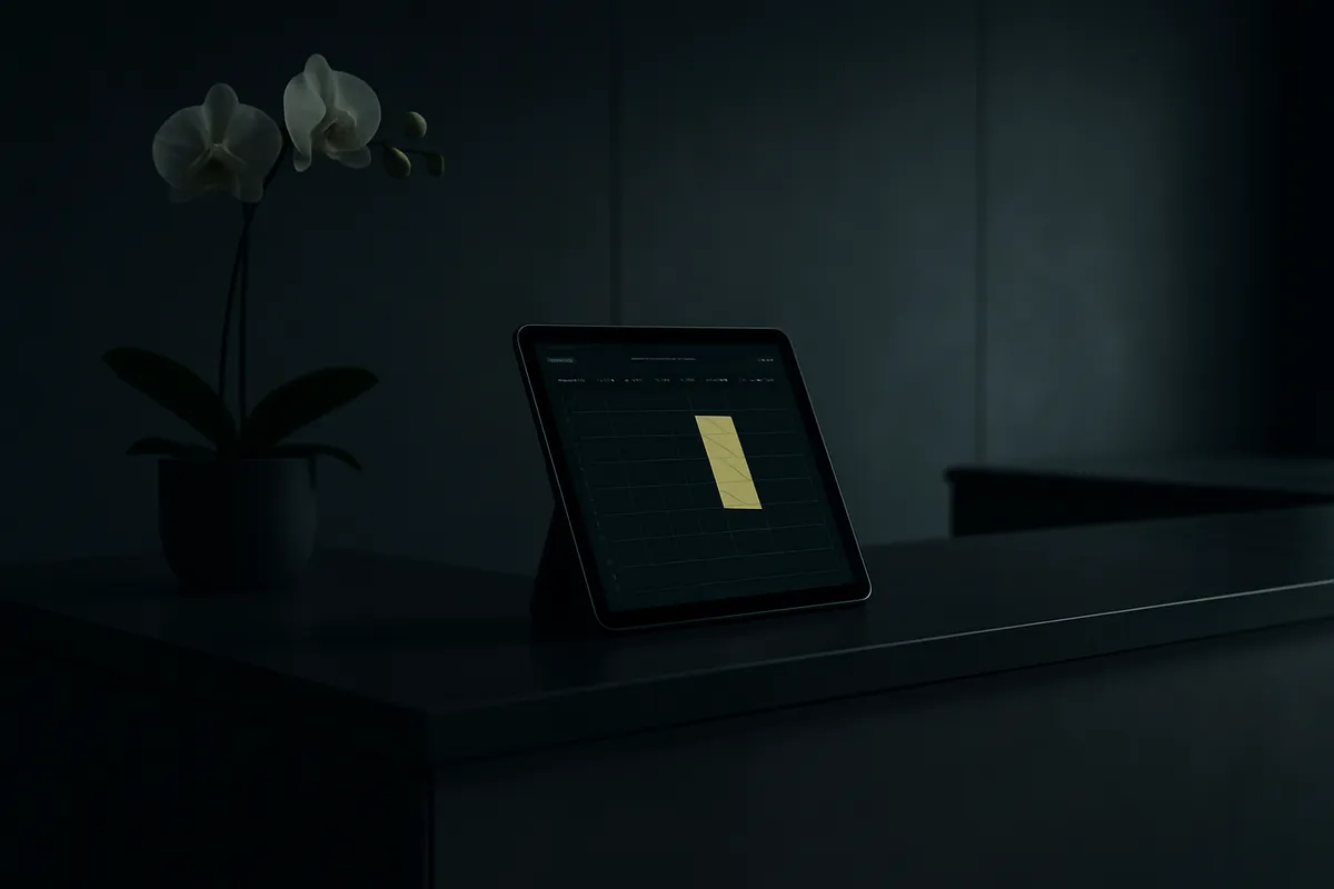 Editorial scene of a calm minimalist med spa reception desk