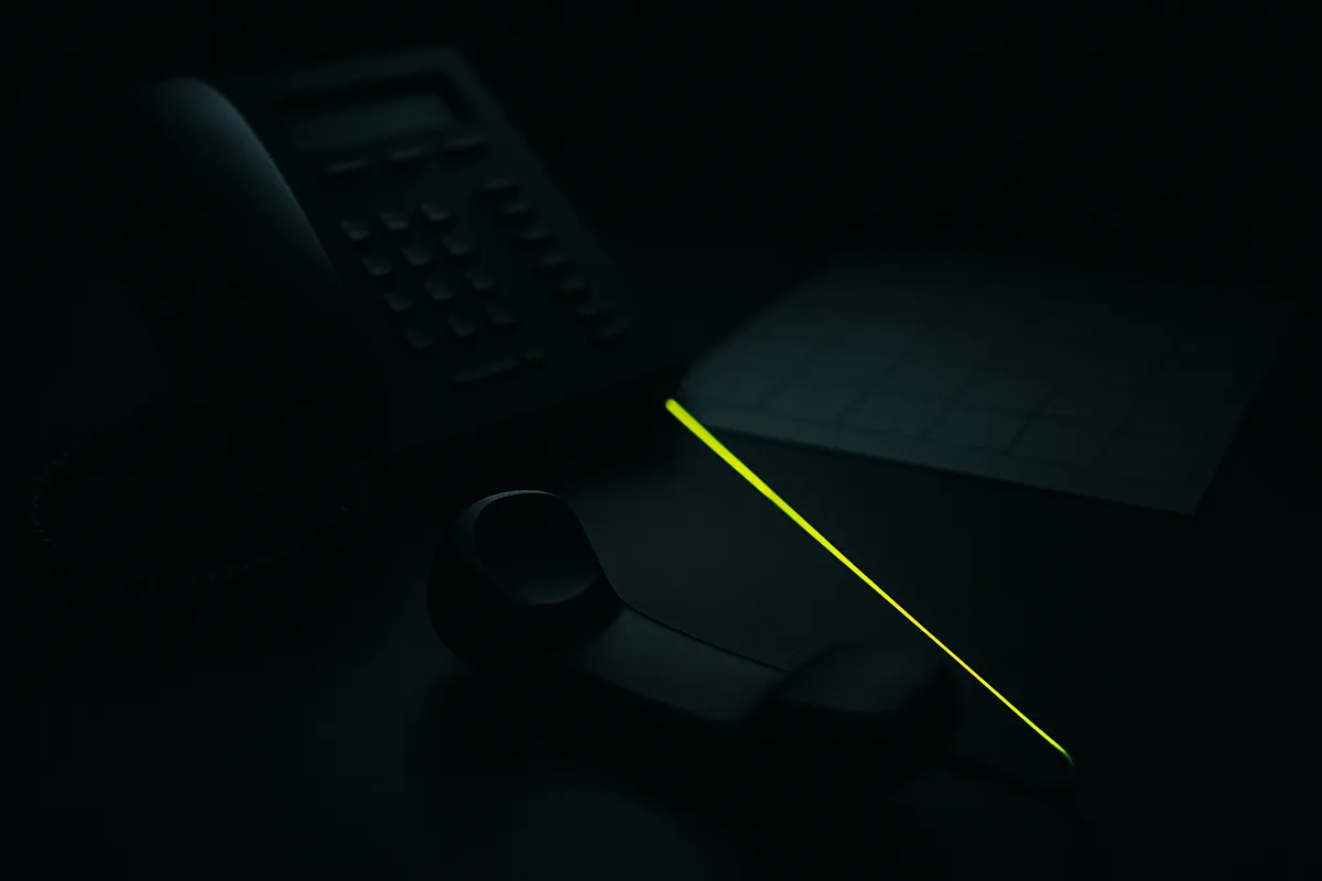 A desk phone off the hook in near-darkness, a single green light line running toward an empty calendar, suggesting missed calls that never get booked.