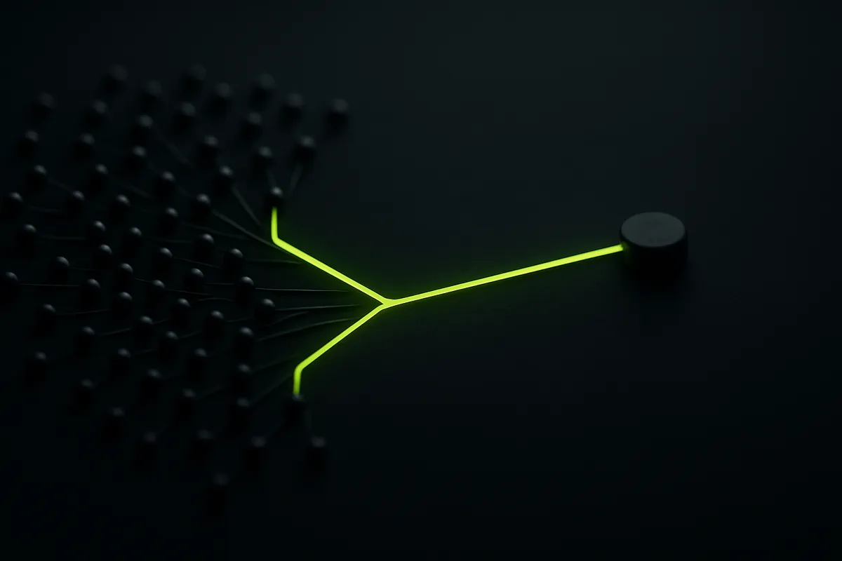 A dark abstract diagram where a single green line forks at a decision point into a dense cluster of small nodes on one side and one larger node on the other, suggesting the AI versus human routing choice.