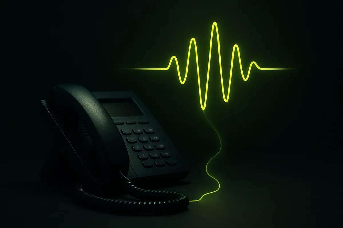 A dark desk phone whose cord dissolves into a glowing green conversational sound wave, representing the shift from a rigid IVR menu to an AI voice agent.