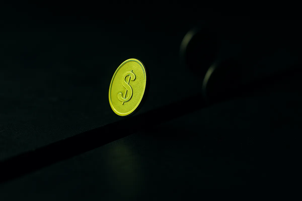 A lone green coin slipping through a crack in a dark concrete surface, evoking a slow revenue leak from a website that does not convert.