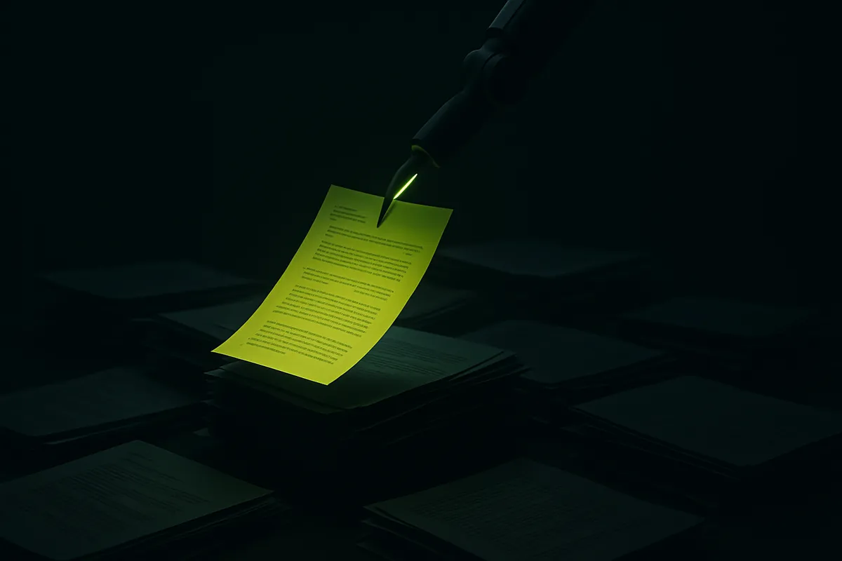 A single page lit by a chartreuse-green beam, selected out of a dark stack of documents, representing content chosen as the AI answer.