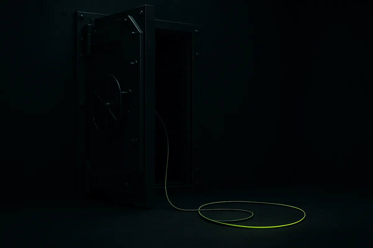 A near-black room with an open empty vault door and a single looping cable on the floor lit by a thin green edge of light, suggesting the build-vs-buy CRM choice.