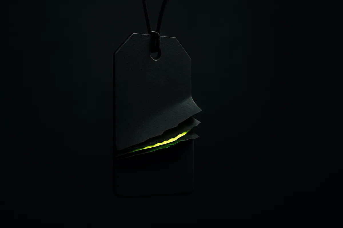A dark fractured price tag in a near-black scene with a single chartreuse-green glow leaking from the gap between its layers.