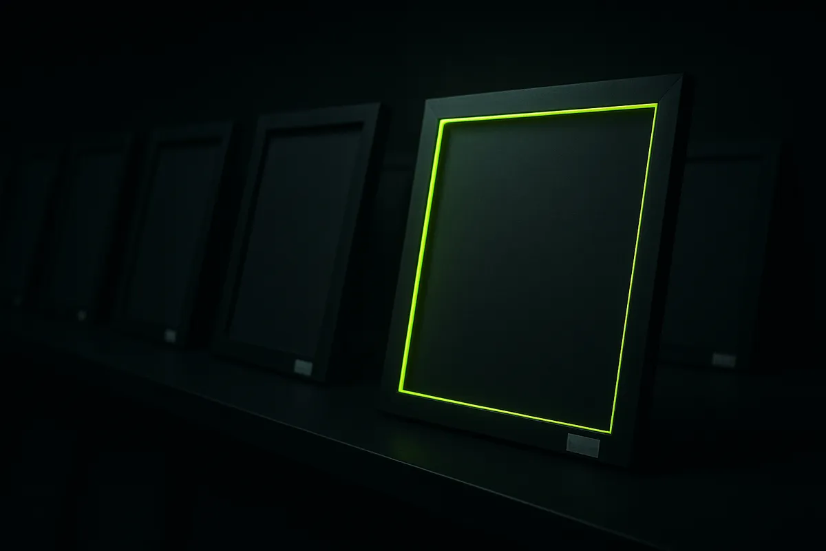 A long row of blank price-tagged ad frames fading into darkness, with one frame edged in chartreuse green to mark the rare winner.