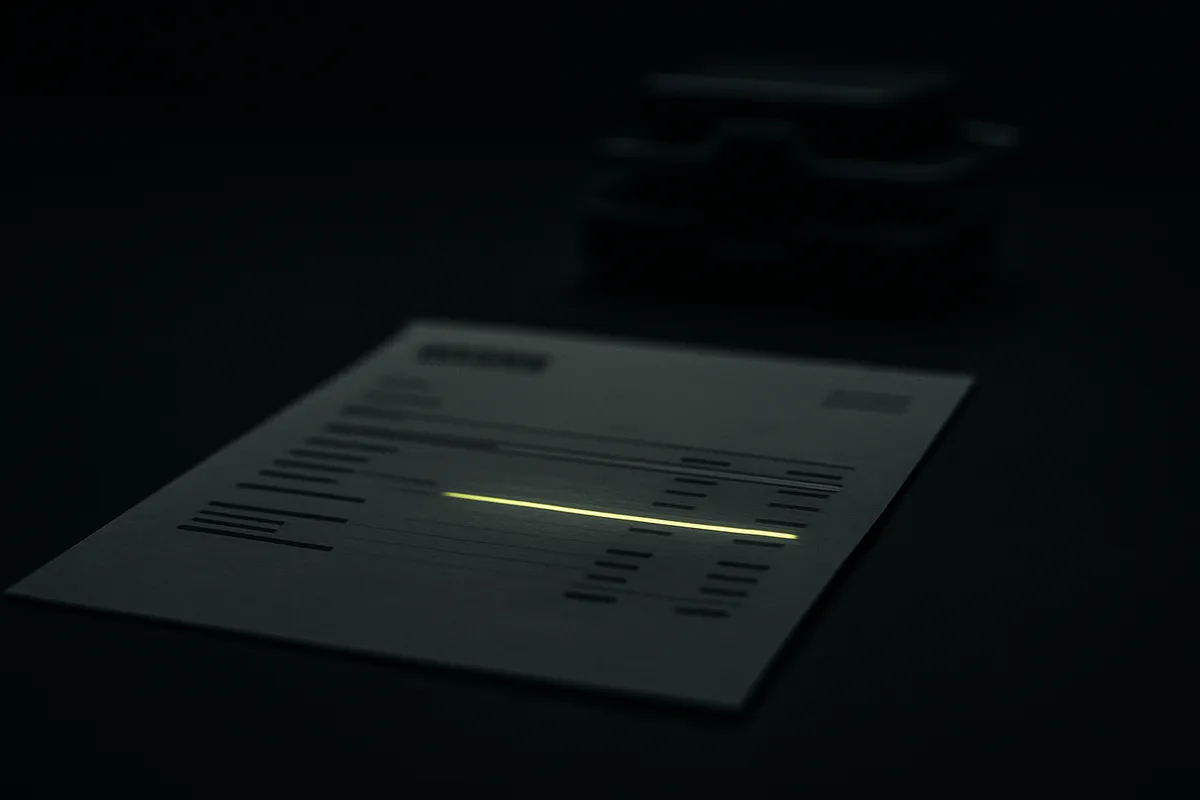 A dark invoice on a black table with one glowing green line item lit while the build and maintenance lines stay in shadow.