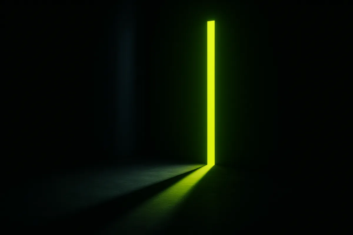 A fading blue column of light beside a rising chartreuse-green beam in a dark studio, evoking the shift from blue-link rankings to AI citations.