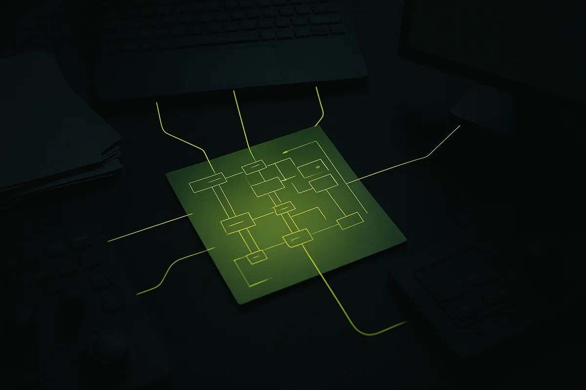 A dark near-black control panel where one wireframe page glows chartreuse and connects by clean lines to labeled data nodes while the unstructured pages around it stay dim.