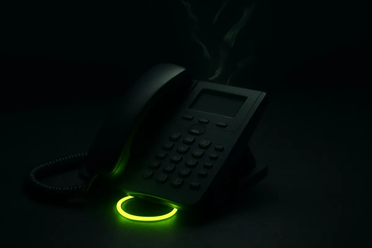 An unanswered desk phone lit by a single green light ring, with faint green trails drifting away to suggest lost revenue from missed calls.