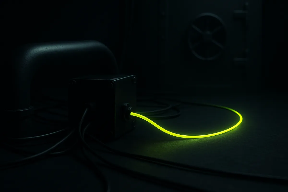 A dark workbench where a heavy pipe and thin cables meet at a junction box, with one green signal line routing toward a shadowed locked vault.
