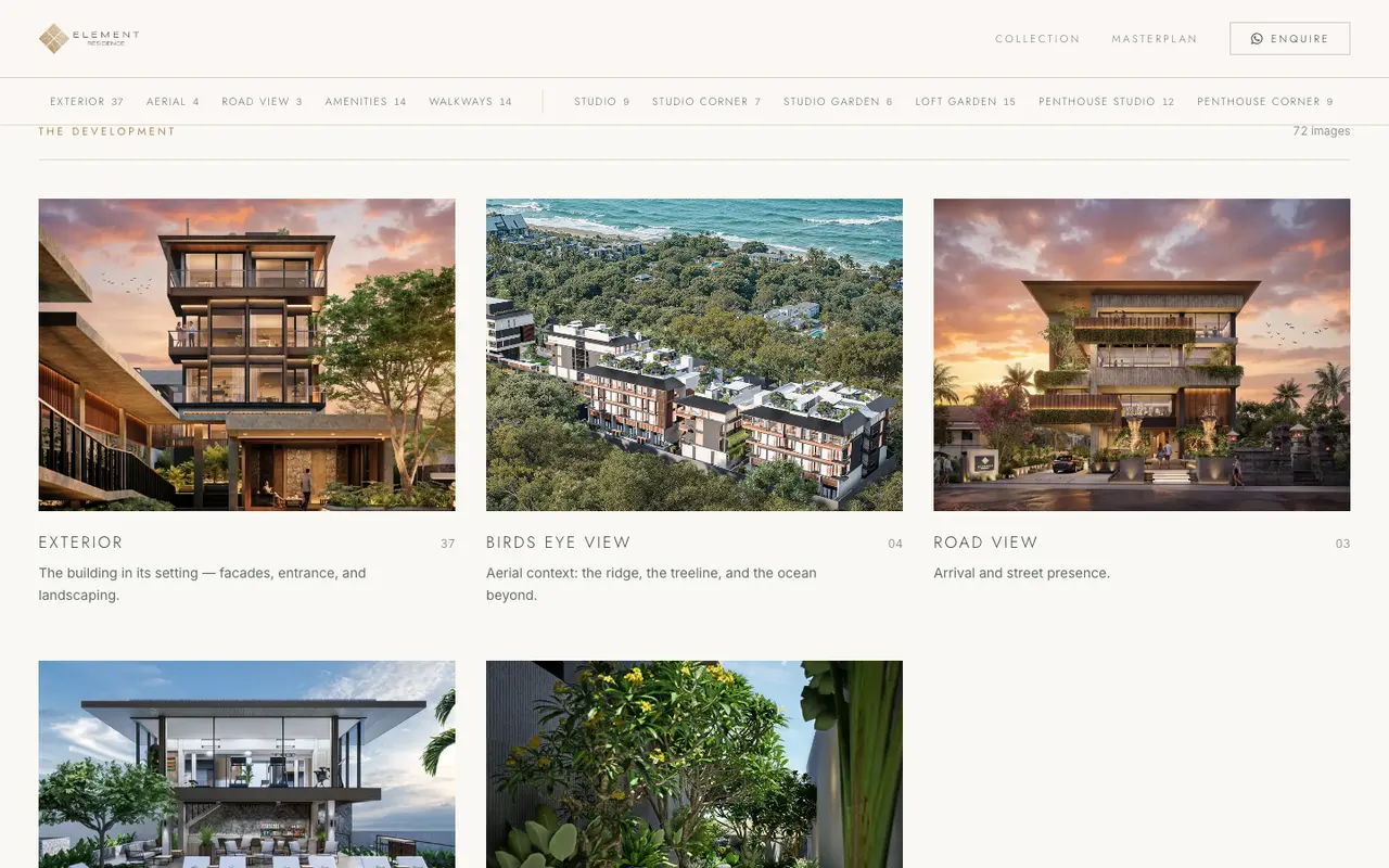 The gallery collection index, showing exterior, aerial and road view collections with image counts.