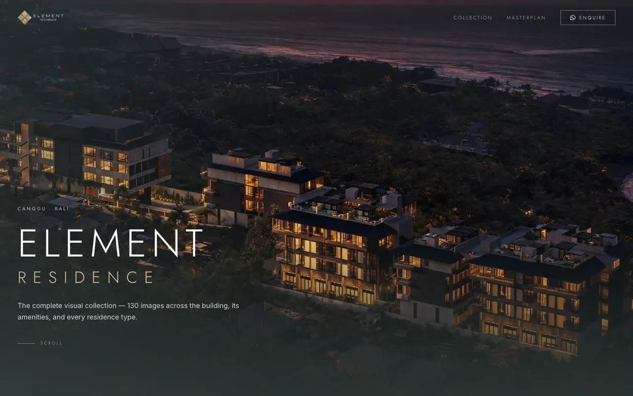 The Element Residence gallery landing screen, an evening aerial render of the building above the ocean.