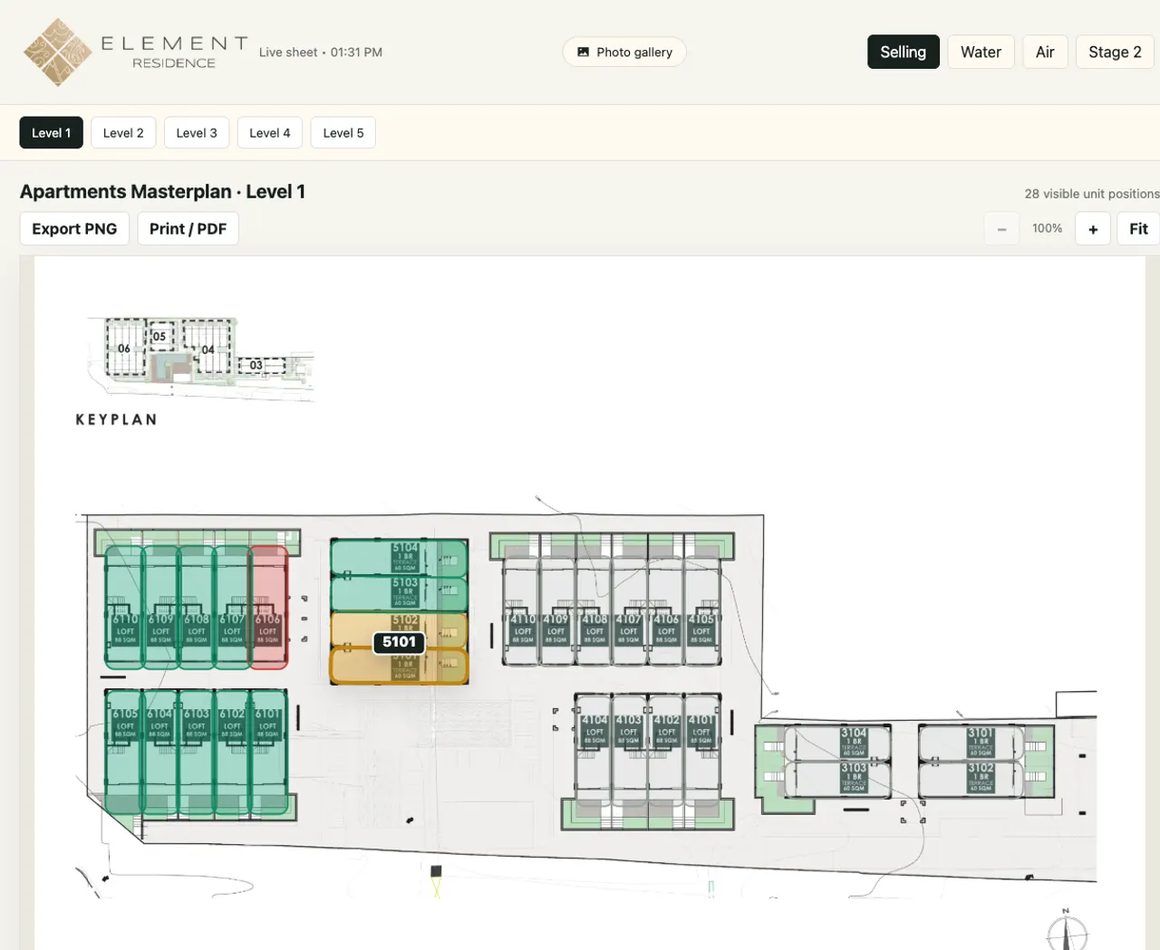 The Element Residence masterplan, level one, with every apartment drawn on the floor plan and colour-coded by status.