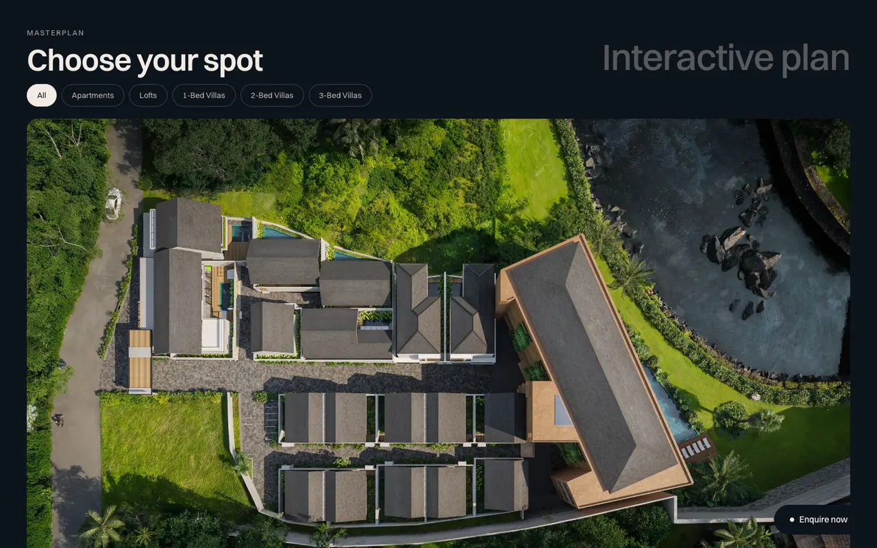 The Sanuuri interactive plan seen from above, with filter pills for apartments, lofts and villa types.