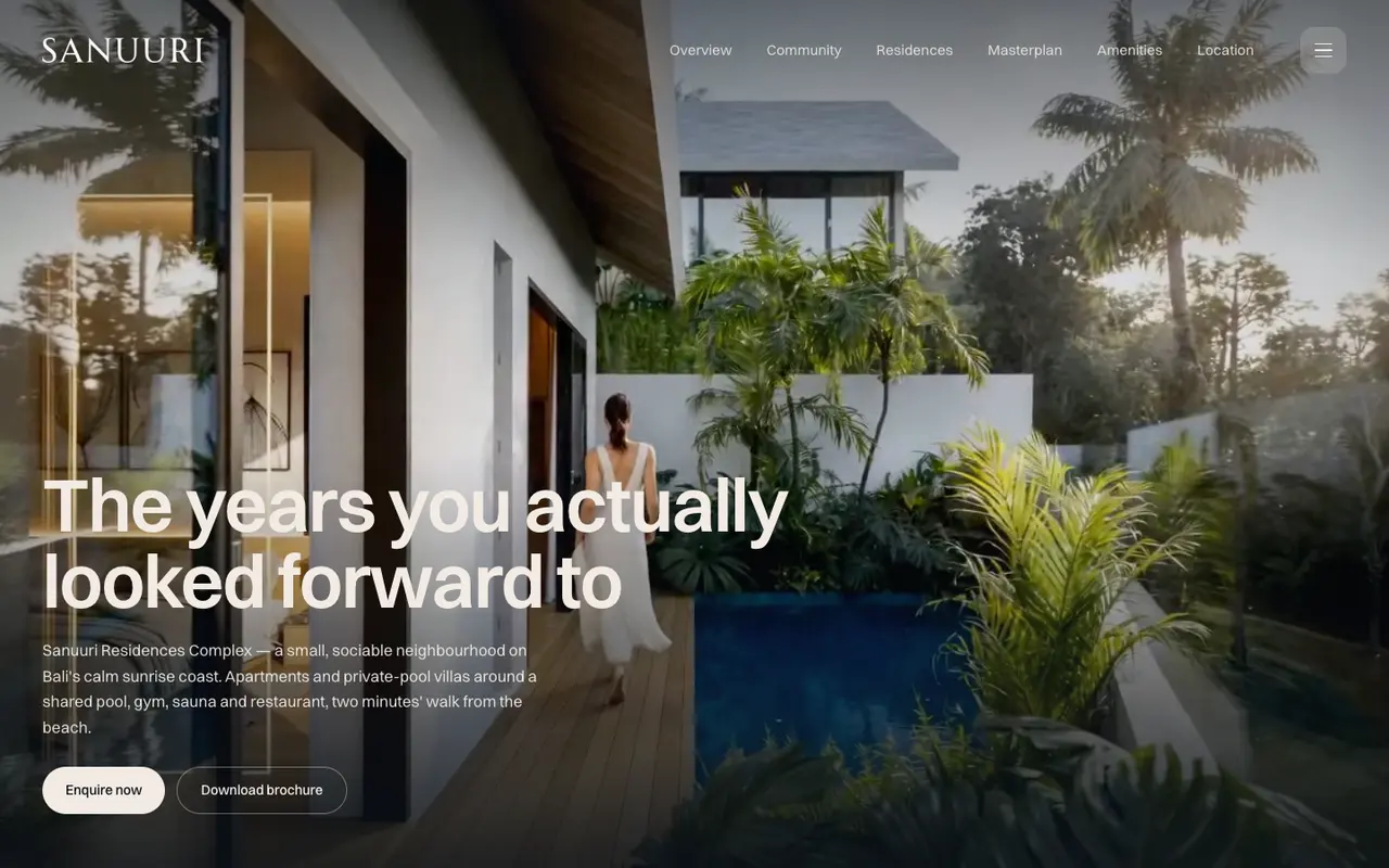 The Sanuuri Residences homepage, a villa terrace at dusk behind the headline.