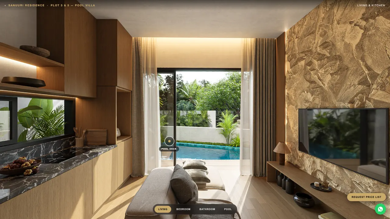 Inside a walkthrough tour: a villa living room and kitchen looking out to the pool, with a hotspot onto the pool deck and a room switcher along the bottom.