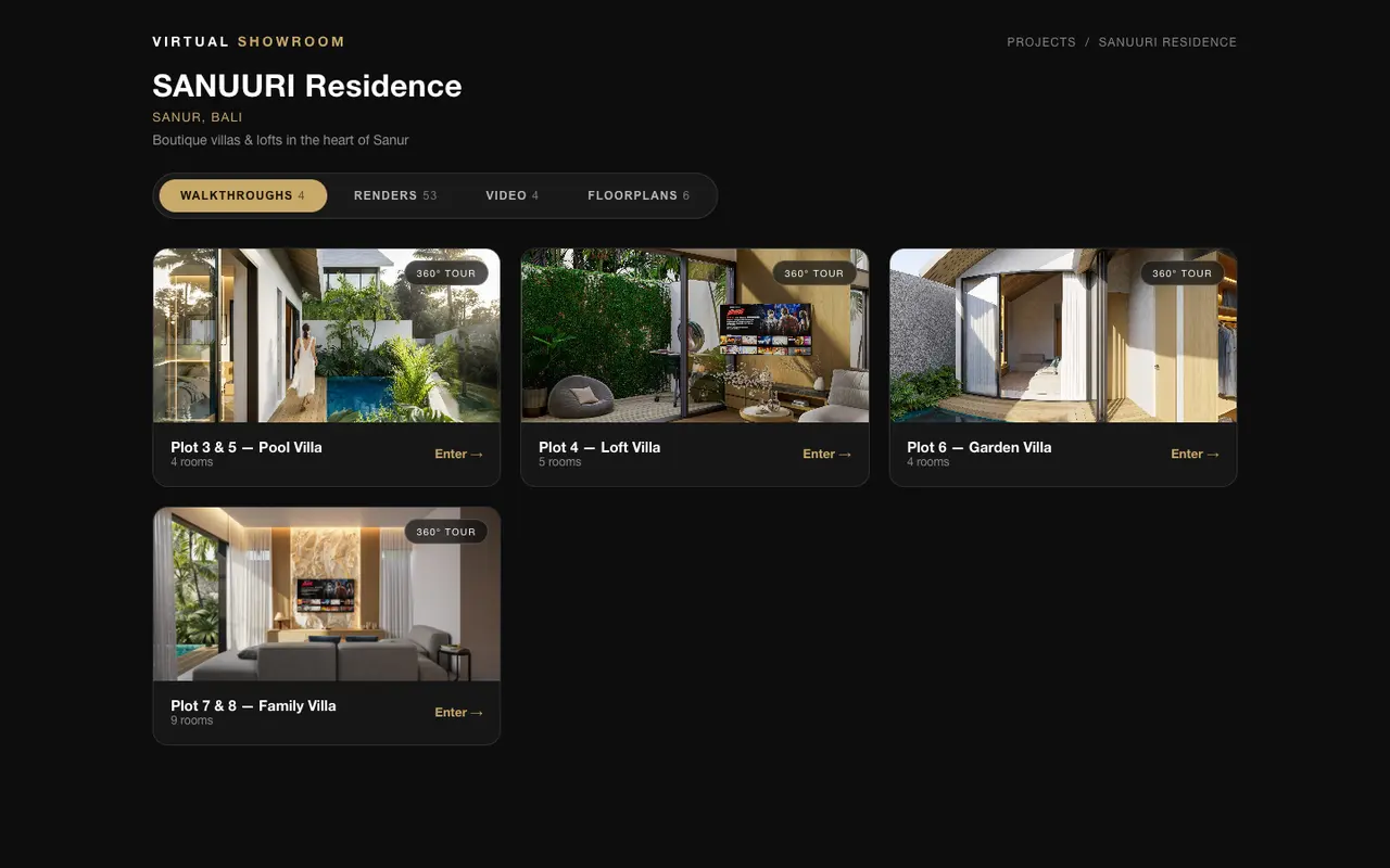 The Sanuuri virtual showroom index, listing four villa tours with their room counts, plus tabs for renders, video and floorplans.